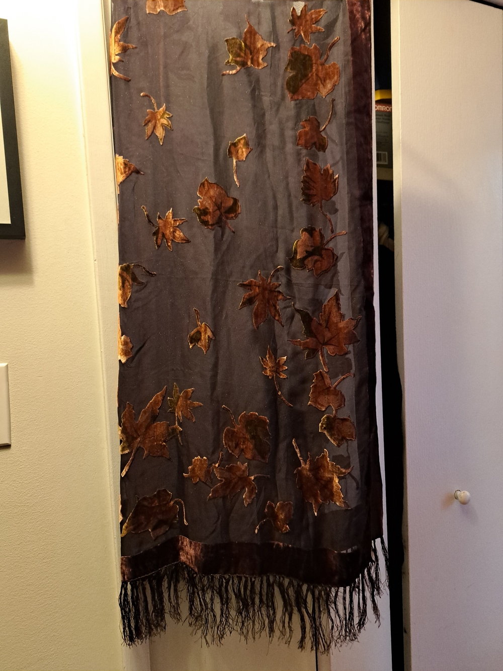 Vintage Velvet Brown   Border on Sheer Black Background Scarf with rustic Leaves